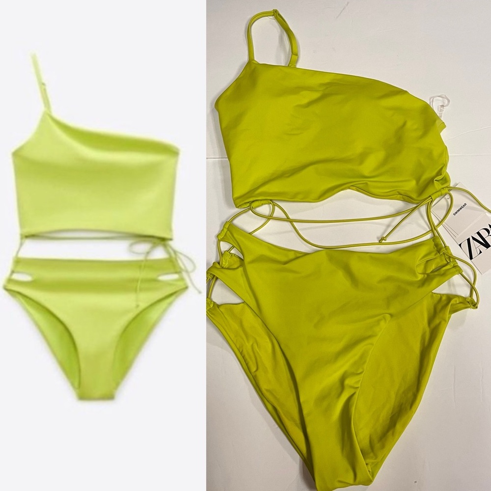 NWT ZARA Asymmetric One Shoulder Cut Out Swimsuit Lime Green Size Small